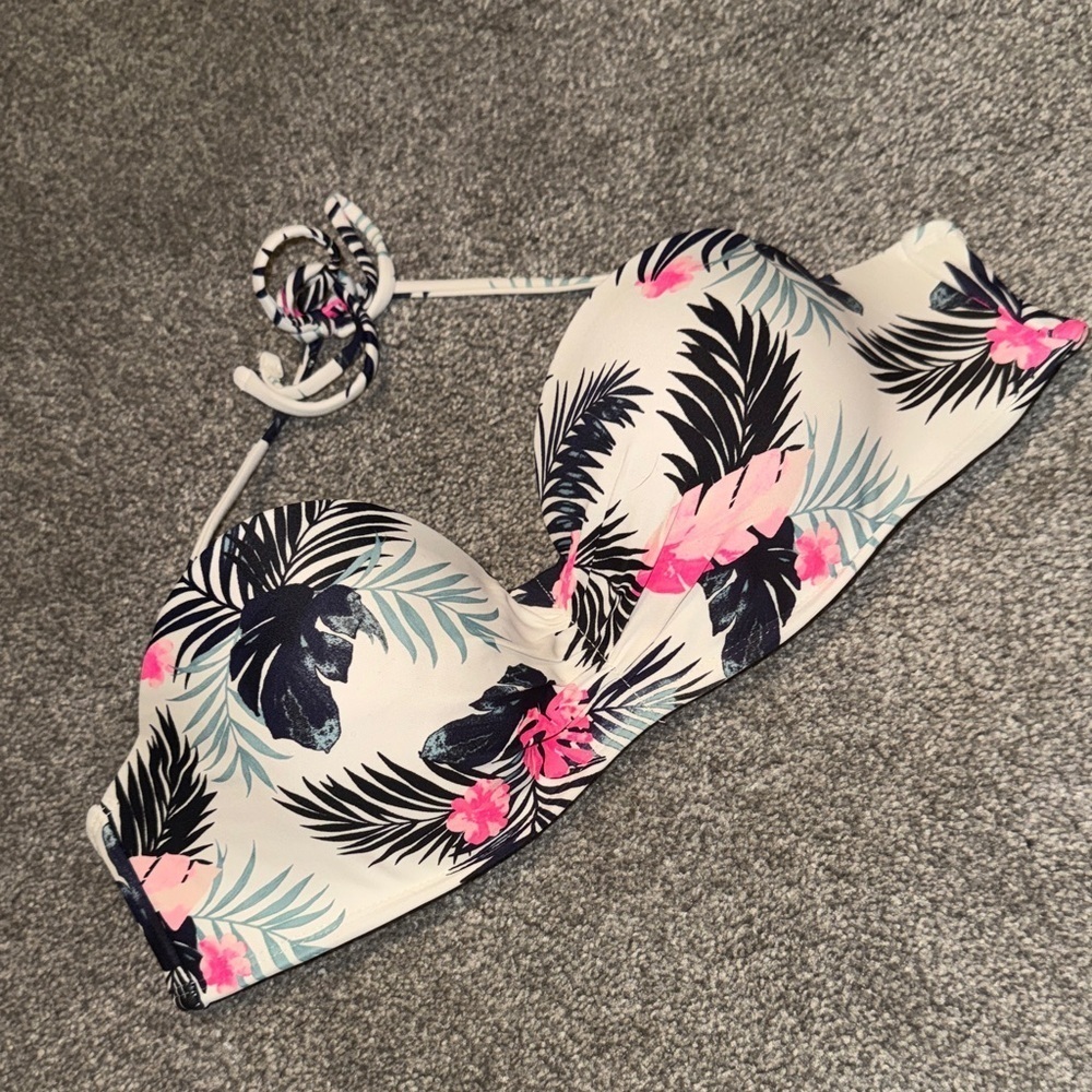 Floral Bikini Top with Pink and Black Leaves
